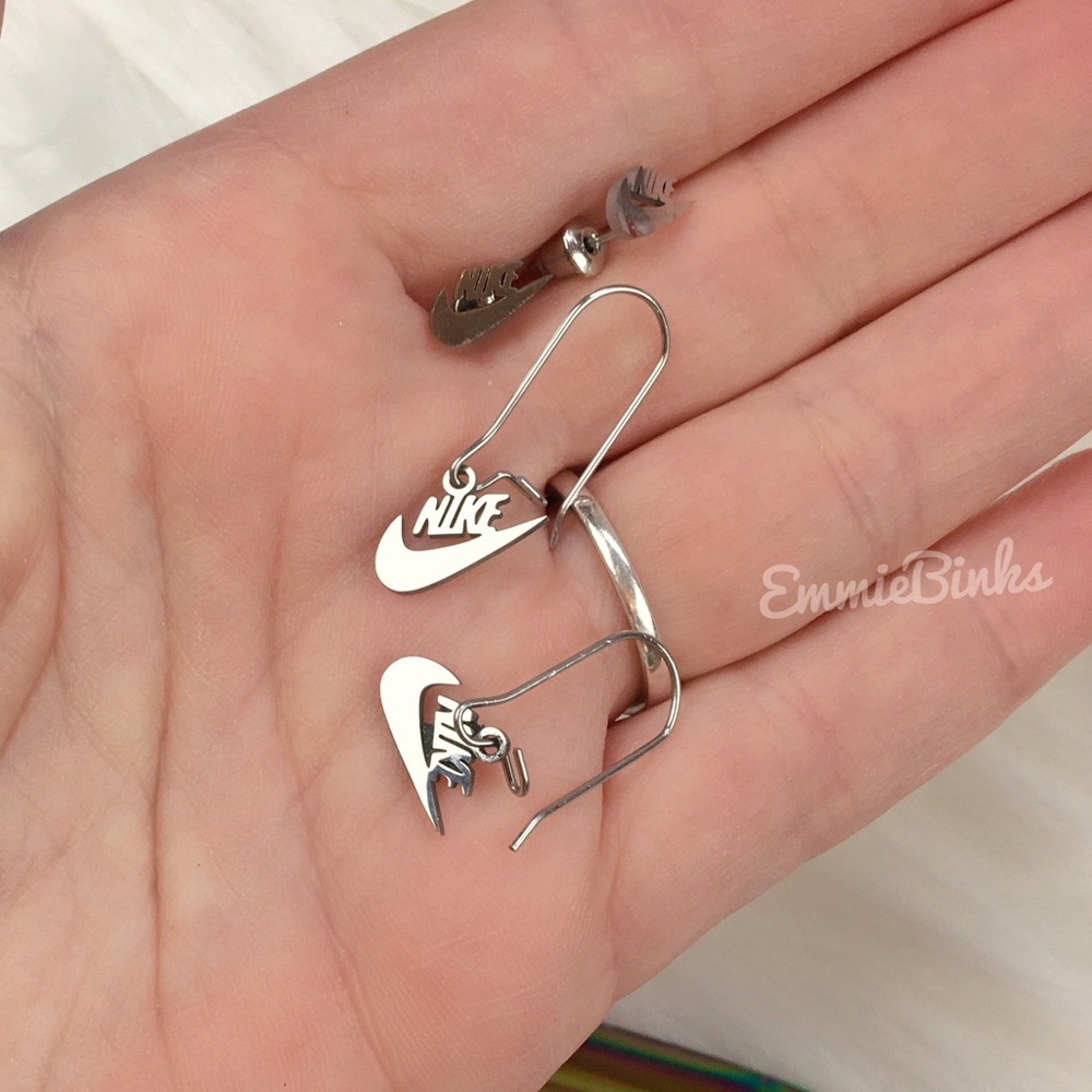 New NIKE Swoosh Stainless Steel Laser Earrings / Minimalist Nike Cutout Set